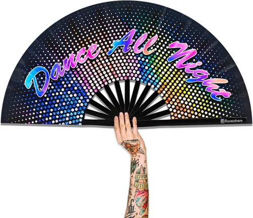 Miniatura 7 de Ventilador plegable grande, ventilador Clack Rave de 13 pulgadas, ventilador de mano para mujeres y hombres con tela de satén de alta calidad, marco