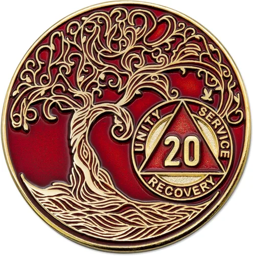 Miniatura 227 de 20 Year Sobriety Mint Twisted Tree of Life - Medallón de recuperación AA chapado en oro, fichas y fichas, color negro