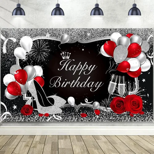 Irenare Cartel de feliz cumpleaños rojo telón de fondo rojo decoración para mujeres y hombres, pancarta negra para suministros de fiesta, globos de