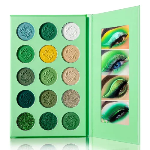 DE'LANCI Paleta de sombra de ojos verde aguacate, 15 colores, Día de San Patricio altamente pigmentada, paleta de sombra de ojos mate brillante