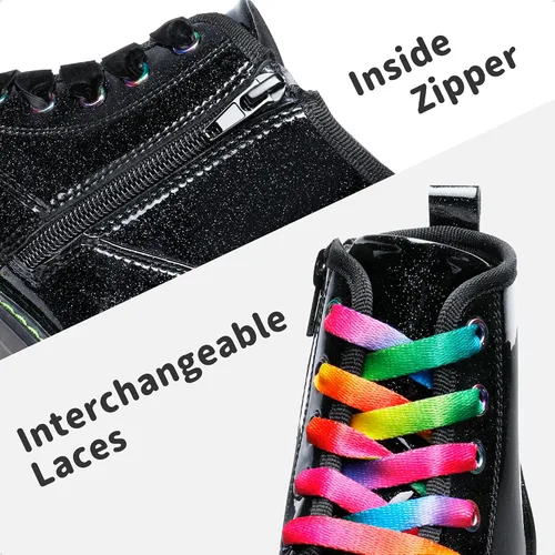 Miniatura 4 de DREAM PAIRS Botas de tobillo con purpurina para niñas y niños, zapatos de combate con cremallera lateral con cordones (bebéniño pequeñoniño grande)