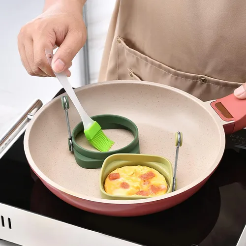 Miniatura 2 de Fdit Anillos de silicona para freír huevos, paquete de 5, cuadrados y redondos de doble cara, mango de aislamiento térmico, grado alimenticio