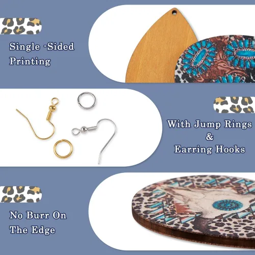 Miniatura 4 de KISSITTY Kit de fabricación de aretes de madera, 36 piezas de lágrima con cruz de vaca y leopardo, dijes de madera impresos con 80 ganchos