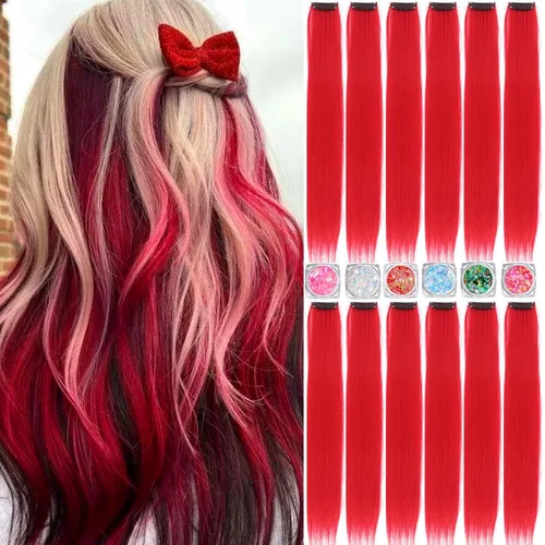 Miniatura 29 de Extensiones de cabello de colores, extensión de cabello liso con clip de 22 pulgadas, extensiones de cabello con brillantina multicolor arcoíris