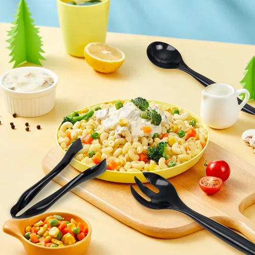 Miniatura 9 de Supernal Juego de 36 utensilios de plástico negro para servir, pinzas, cucharas y tenedores desechables resistentes (12 cada uno), suministros