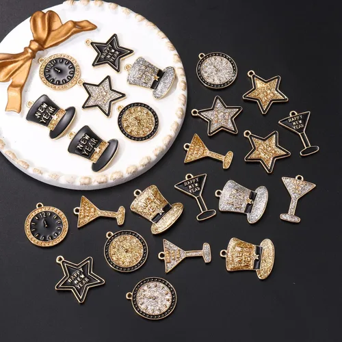 Miniatura 2 de NVENF 24 dijes de feliz año nuevo para hacer joyas, dijes de año 2023 esmaltados con purpurina y estrella, para pulsera, collar, aretes