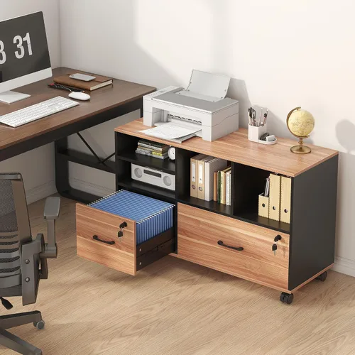 Miniatura 7 de Semoic Archivador de 2 cajones con cerradura, archivador lateral móvil para tamaño carta/legal/A4, estante ajustable de almacenamiento abierto