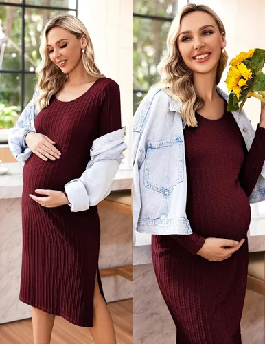 Miniatura 2 de Ekouaer Maternity Dress Rib Knit Long Sleeve Side Slit Bodycon Dresses Pregnancy Baby Shower Clothes S-XXL