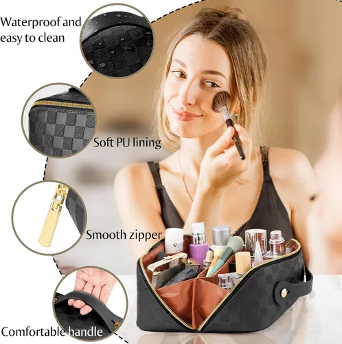 Miniatura 5 de Bolsa de cosméticos de viaje de gran capacidad - Bolsas de maquillaje portátiles para mujeres, impermeable, de cuero PU a cuadros, con organizador