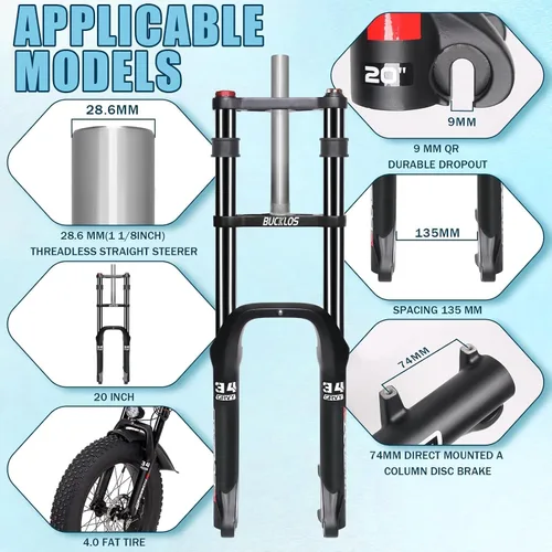 Miniatura 2 de BUCKLOS 20 pulgadas 4.0 Fat Tire Bike Suspension Tenedor, 7.087 in Travel 5.315 in Spacing Hub 0.354 in QR Ebike Oil MTB Fat Fork, Doble Corona