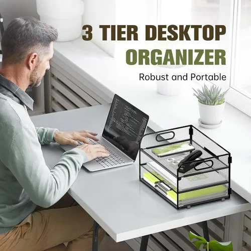 Miniatura 2 de Daltack Organizador de papel de 3 niveles con asa, organizador de escritorio de malla, bandeja de cartas, organizador de archivos para carpetas A4