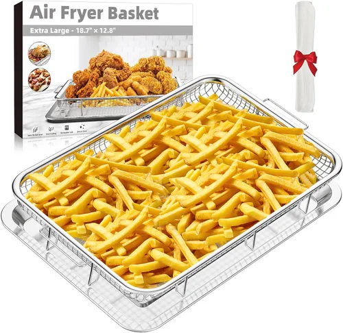 Miniatura 10 de Cesta de Freidora de Aire para Horno, Juego de 2 Bandejas de Freidora de Aire y Bandeja Crujiente con 60 Piezas de Papel Pergamino, Cesta y Bandeja