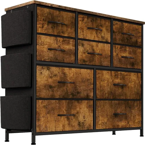 Jojoka Cómoda para dormitorio, cajón de almacenamiento de tela con 10 cajones, aparadores y cómoda con bolsillos laterales, ganchos, mesa de madera