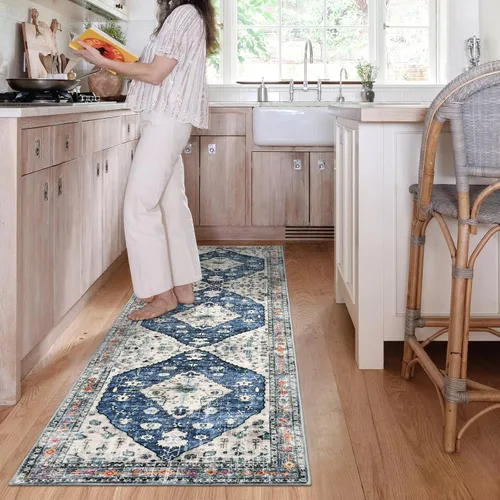 Miniatura 2 de Lahome Alfombra Corredor Tribal Bohemia - 2x8 pies Azul Lavable Corredores para Pasillos Alfombra de Baño, Oriental Suave Antideslizante Pelo Bajo