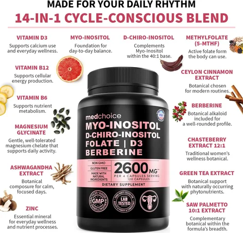 Miniatura 4 de Suplemento complejo de inositol 14 en 1 para mujeres, inositol mio y D-Chiro 40:1 con folato, vitamina D3, zinc, magnesio y botánicos para apoyo