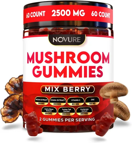 Gomitas de hongos de 2500 mg, mezcla 10 en 1 con melena de león, cordyceps, cola de pavo, reishi, shiitake, chaga, maitake, zinc, vitamina C y B,