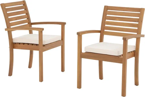 OC Orange-Casual Juego de 2 sillas de comedor apilables para patio, sillas de madera de acacia para exteriores con reposabrazos y cojín de tela Beige