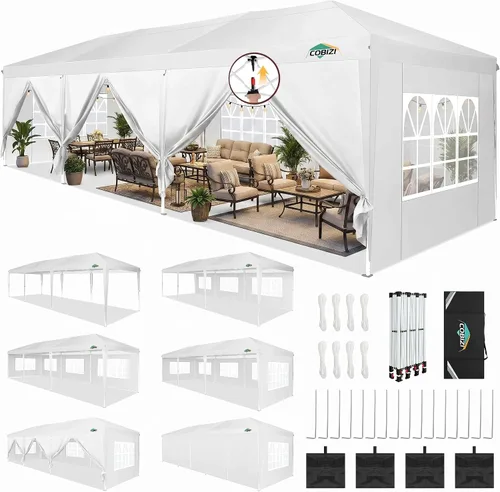 Miniatura 12 de COBIZI - Carpa plegable de 10 x 30 pies para fiestas con 8 paredes laterales, toldo instantáneo comercial impermeable, carpa de 10 x 30 pies