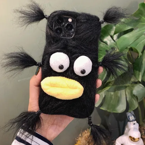Miniatura 3 de Funda de teléfono de felpa negra para iPhone 11, linda funda DIY de pelo largo con cara divertida y abrigada, funda protectora de invierno