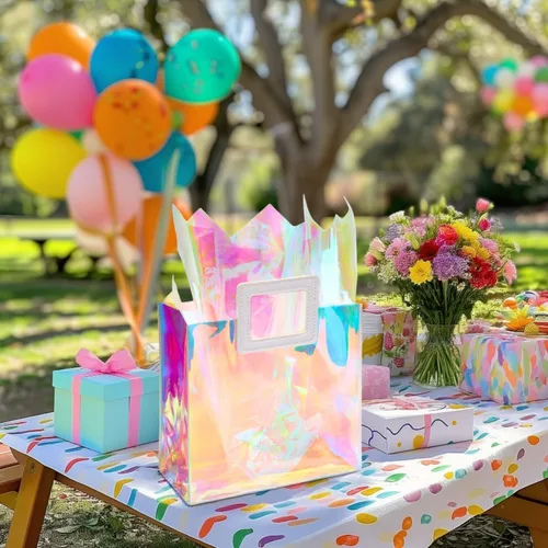 Miniatura 3 de Bolsa de regalo holográfica pequeña de 8.3 pulgadas con papel de seda, reutilizable, bolsa de regalo de cumpleaños para niñas y mujeres, S