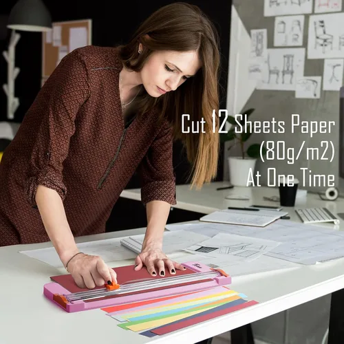 Miniatura 5 de Firbon Cortador de Papel A4 de 12 Pulgadas de Titanio Recto Recortador de Papel con Regla Lateral para Álbumes de Recortes, Manualidades, Papel, Rosa
