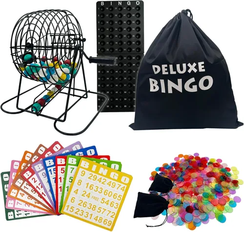 SUTIMSHE Juego de bingo de lujo, incluye jaula de metal con bolsa grande, 1000 fichas de plástico de colores mixtos, 100 tarjetas grandes, 75 bolas