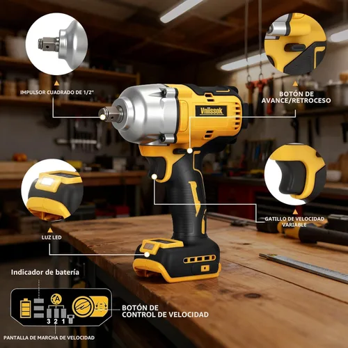 Miniatura 6 de Llave de impacto inalámbrica de 1/2 pulgada para batería Dewalt de 20 V, destornillador de impacto de 1000 N.m, pistola de impacto eléctrica sin