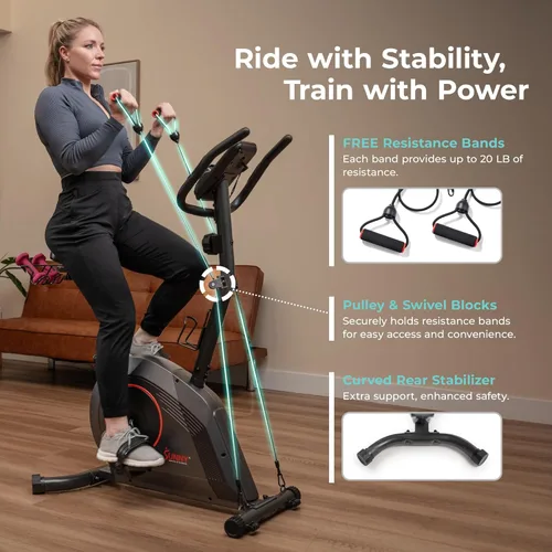 Miniatura 2 de Sunny Health & Fitness Smart Stationary Exercise Upright Bike w/Pulse Sensor & 4-Way Adjustable Seat, Cycling Machine for Home Cardio Training, Free