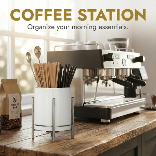 Miniatura 4 de Organizador de cerámica para cubiertos, soporte redondo para utensilios, soporte para utensilios de cocina para encimera, taza de cerámica con borde