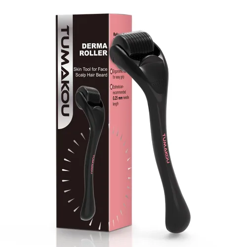 TUMAKOU Derma Roller - Herramienta de microagujas para piel de rostro, cuero cabelludo, cabello y barba - para mujeres y hombres (Negro)