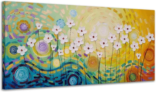 Miniatura 9 de Yihui Arts Pintura al óleo pintada a mano con flores texturizadas sobre lienzo, arte de pared floral blanco abstracto colorido para sala de estar