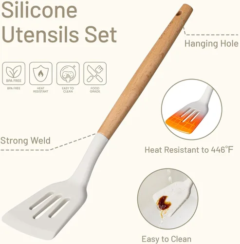 Miniatura 3 de CAROTE Juego de utensilios de cocina de silicona, juego de 10 utensilios de cocina para cocinar, juego de espátulas sin BPA con asas de madera