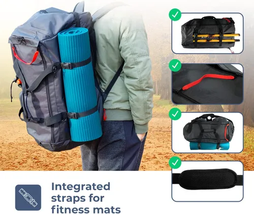 Miniatura 4 de Bolsa deportiva 3 en 1 grande de viaje color negro - Función de mochila y paredes de división - ca. 75 L con 7 bolsillos y sección inferior separada