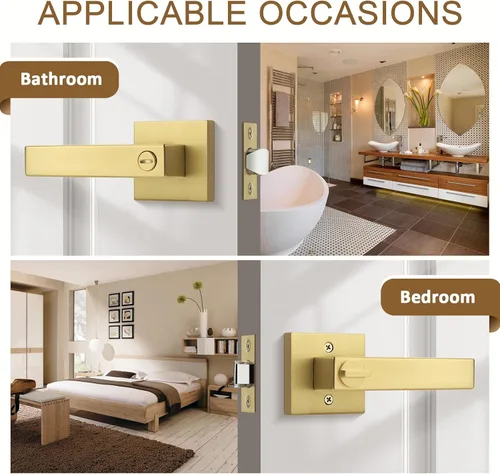 Miniatura 6 de Probrico - Paquete de 2 manijas de puerta de privacidad doradas, pomos de puerta de latón satinado resistentes para dormitorio y baño, cerraduras