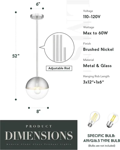 Miniatura 3 de LMS LMS-186BNC - Moderna lámpara colgante de 1 luz, lámpara colgante de isla de cocina de níquel cepillado con vidrio de globo transparente, varilla