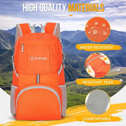 Miniatura 4 de ZOMAKE Mochila Empacable Ligera de 35L, Mochilas Plegables Ligeras Resistentes al Agua Bolsa de Senderismo Plegable, Paquete de Día Plegable Naranja