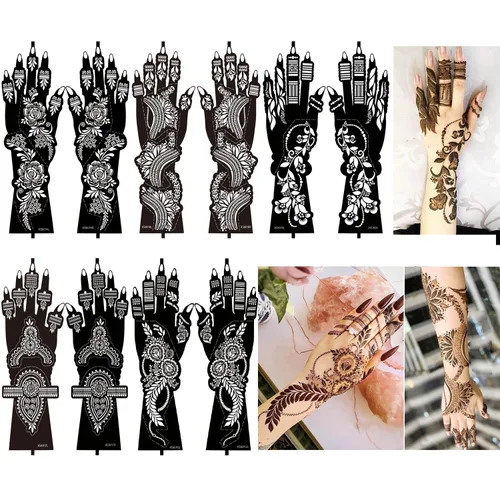Miniatura 14 de 10 hojas de plantillas de tatuaje de henna 10 pares de plantillas de tatuaje temporal para brazo y mano Tatuajes indios árabes con purpurina Negro