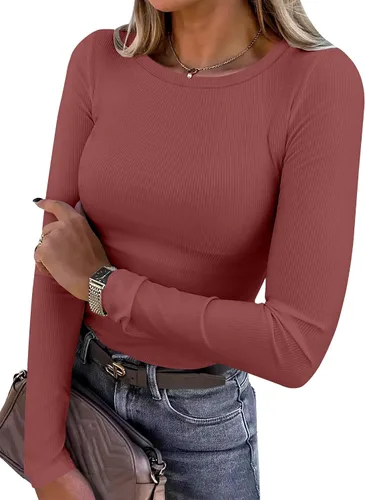 Miniatura 14 de ANRABESS - Camisetas de manga larga para mujer, de punto acanalado, ajustadas, básicas, 2025, informales, para usar a capas o debajo del uniforme
