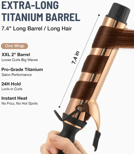 Miniatura 2 de ORYNNE Rizador de titanio de 2 pulgadas, barril extra largo para cabello largo, rizador de 2 pulgadas con calentador PTC dual, 12 ajustes de calor