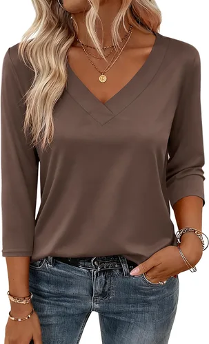 Miniatura 24 de Zeagoo Camisetas de manga 3/4 para mujer, cuello en V, blusa casual elegante, camisetas básicas 2026, ropa de moda S-2XL