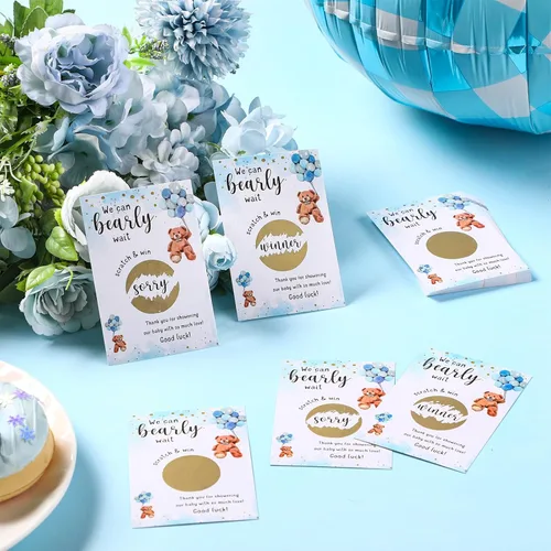 Miniatura 5 de Affrolling 100 tarjetas para raspar con diseño de oso para baby shower, para invitados, We Can Bearly Wait, agradecimiento, revelación de género