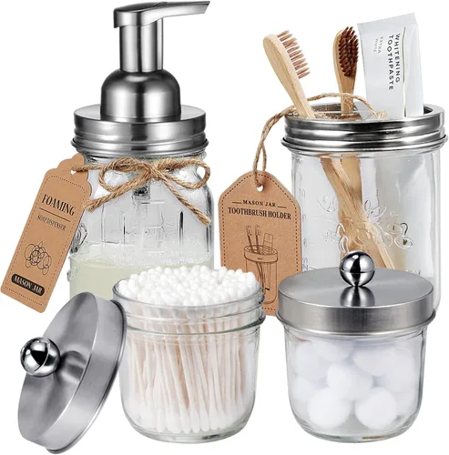 Miniatura 8 de Amolliar Mason Jar - Juego de accesorios de baño (4 unidades), dispensador de jabón espumoso y soporte para cepillo de dientes, decoración rústica