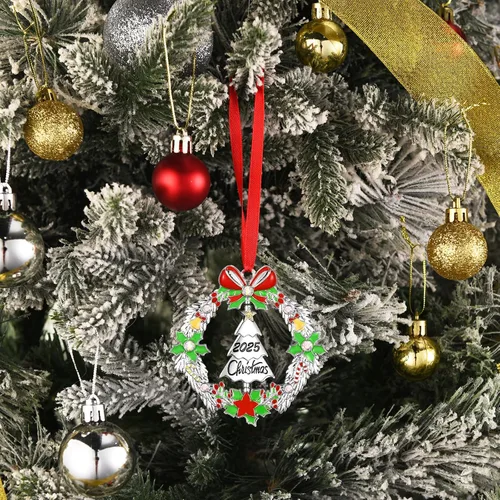 Miniatura 6 de Adorno de Navidad 2025, decoración para árbol de Navidad, corona de Navidad de metal con árbol giratorio fechado 2025, adornos plateados brillantes