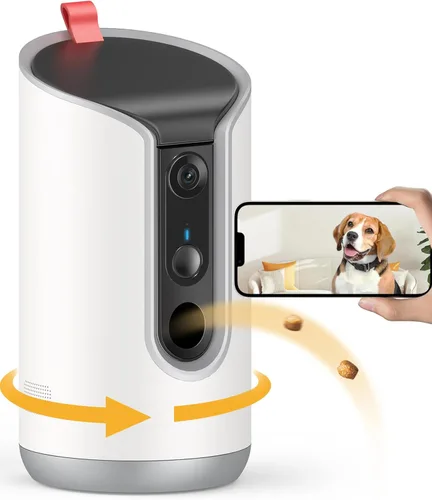 TKENPRO Cámara para mascotas 2K con dispensador de golosinas, cámara para perros con vista de 360° y aplicación para teléfono, WiFi 5G y 2.4G, Blanco