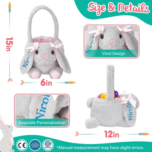 Miniatura 2 de Cesta personalizada de conejo de Pascua de 15 pulgadas con nombre bordado, cesta de caza de huevos de Pascua de felpa para regalos de decoración