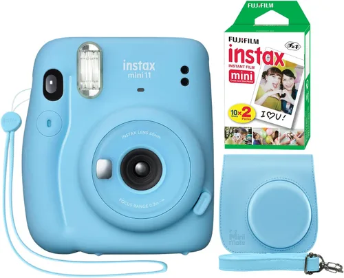 Fujifilm Instax Mini 11 - Cámara instantánea azul cielo + estuche personalizado Minimate + paquete doble de película fotográfica Fuji Instax 20 hojas