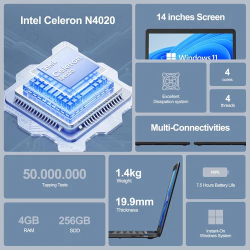 Miniatura 2 de Itel Celeron N4020 - Computadora portátil de 14 pulgadas (doble núcleo), gráficos UHD 600, 4 GB de RAM 256 GB SSD, pantalla HD de 14 pulgadas, ultra