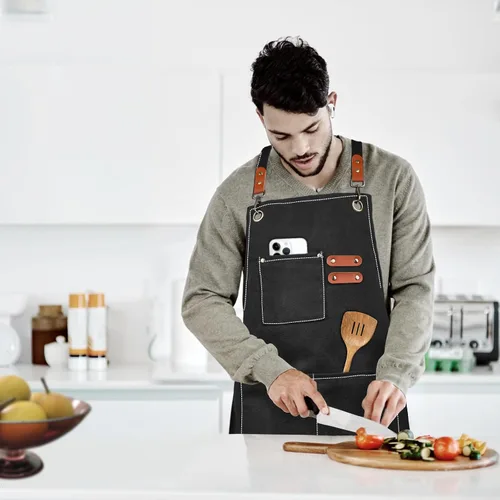 Miniatura 6 de APRONPANDA Delantales de chef con espalda cruzada para hombres y mujeres con bolsillos, delantal de trabajo de cocina ajustable de lona de algodón