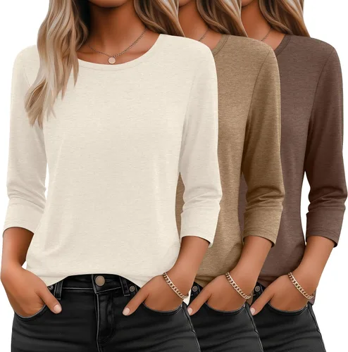 Miniatura 36 de Ficerd Paquete de 3 camisetas de manga 3/4 para mujer, cuello redondo, camisetas básicas elegantes, casuales, modernas, holgadas