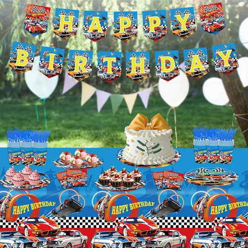 Miniatura 2 de Juego de 170 piezas de decoración de cumpleaños, vajilla de carreras de autos de carreras, incluye pancarta de feliz cumpleaños, platos de 9